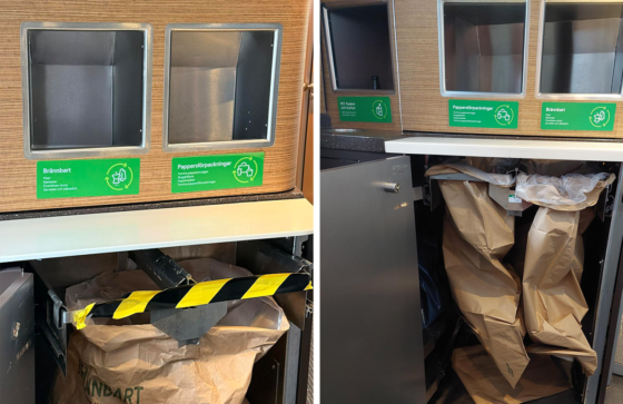 Bilden till vänster visar sortering till en säck, bilden till vänster hur det ska se ut.