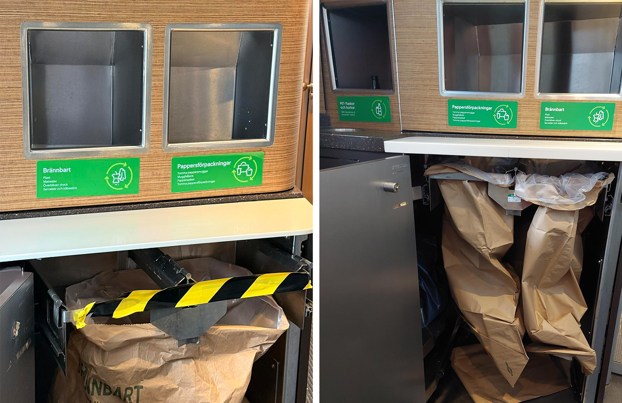 Bilden till vänster visar sortering till en säck, bilden till vänster hur det ska se ut.