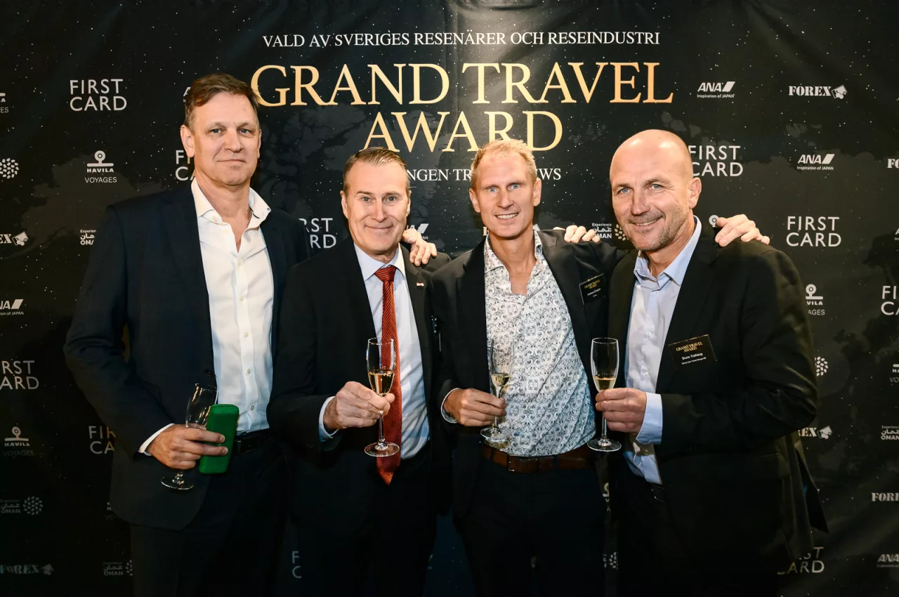 Lars Brännvall, Royal DMC AB, Sven Holmbom, Royal DMC AB, Andreas Elmgren, Sembo och Bruno Trathaug, Stena Line Travel Group AB Grand Travel Awards Foto: Pax Engström